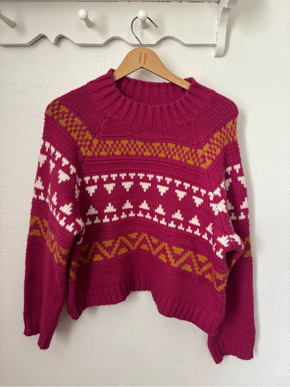 Fair Isle Cropped Sweater Medium Pink Boho Western Granola Girl Indie Mock Neck